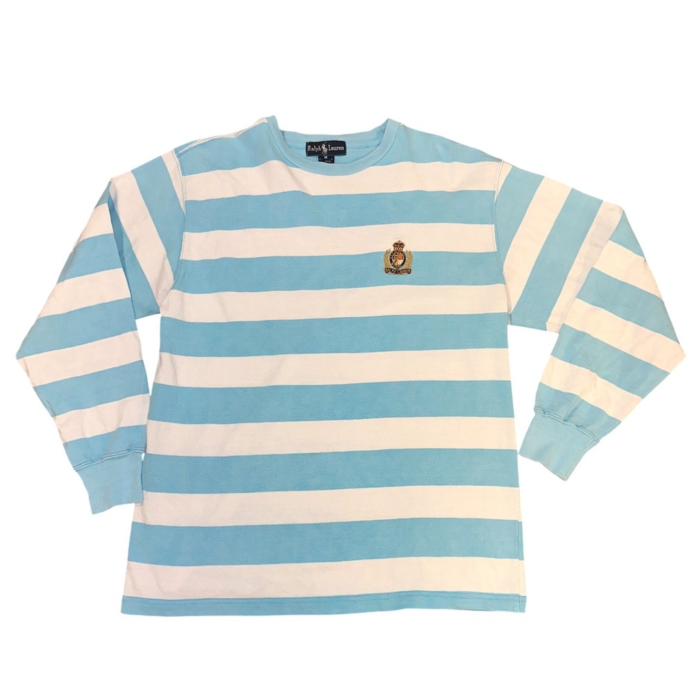 Vintage Ralph Lauren Striped Long Sleeve T-Shirt Blue White Crewneck Crest USA M